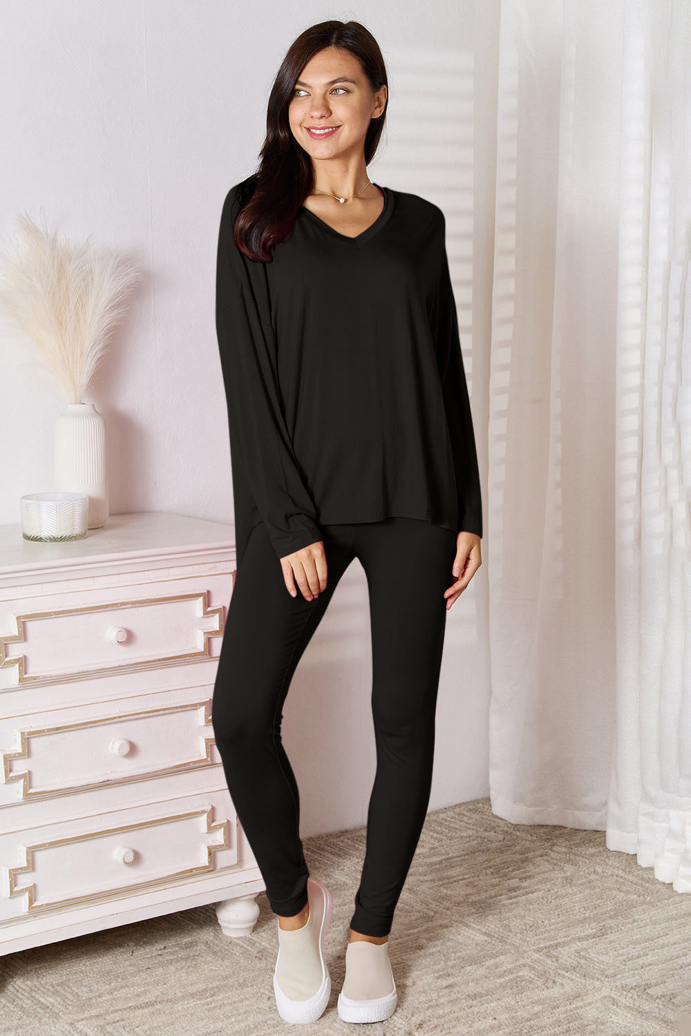 Basic Bae Full Size V-Neck Soft Rayon Long Sleeve Top and Pants Lounge Set New Era Fashion LLc
