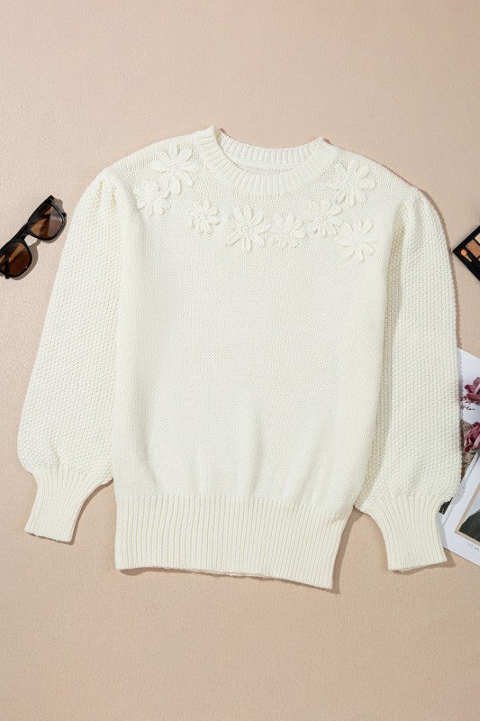 Floral Textured Puff Sleeve Round Neck Sweater Shop Style & More | Fresh Looks, Everyday Deals & Free Shipping