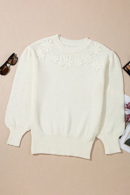 Floral Textured Puff Sleeve Round Neck Sweater Shop Style & More | Fresh Looks, Everyday Deals & Free Shipping