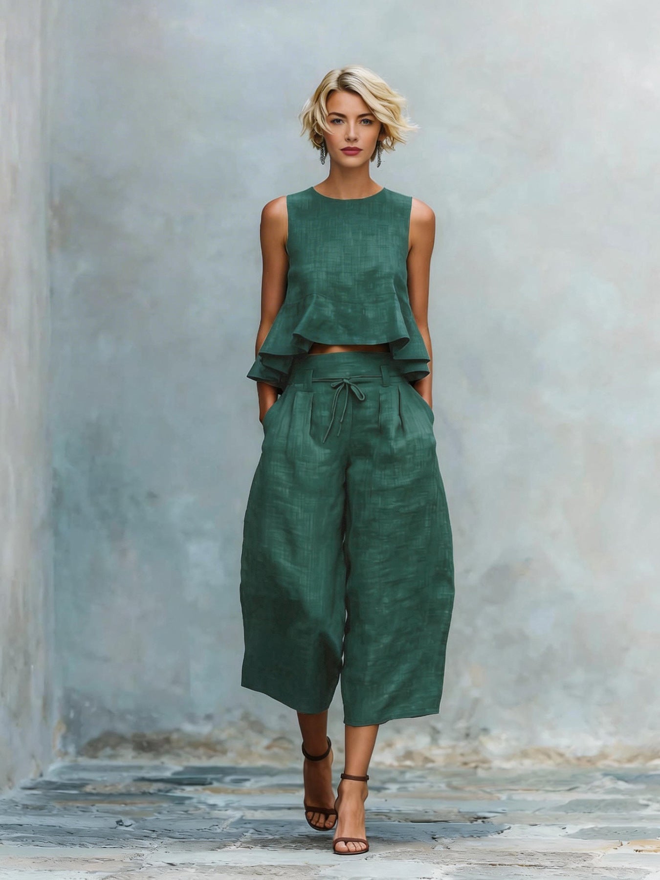 Women’s Linen-Blend Sleeveless Two Piece Set with Ruffled Detailing FitiqueFit