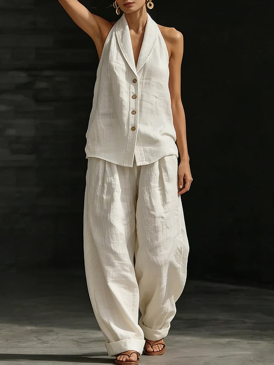 Women's Sleeveless Vest & Wide-Leg Pants Cotton-Linen Two-Piece Set FitiqueFit