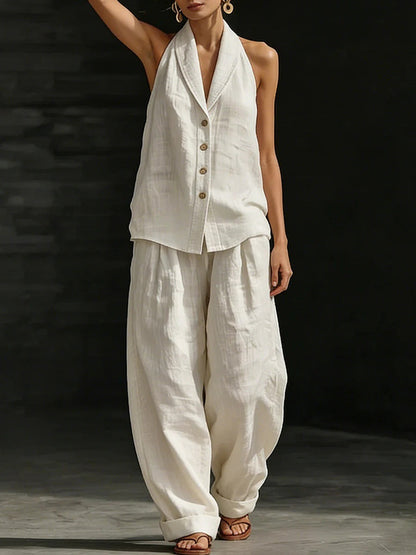Women's Sleeveless Vest & Wide-Leg Pants Cotton-Linen Two-Piece Set FitiqueFit