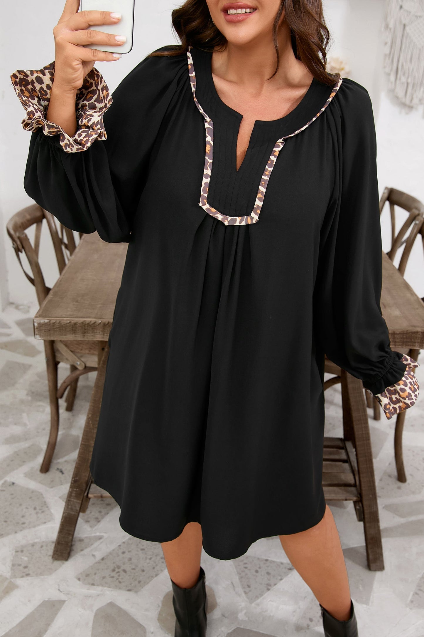 Black Plus Size Notched Neck Leopard Trim Flounce Long Sleeve Shift Dress Garden Naked Curves