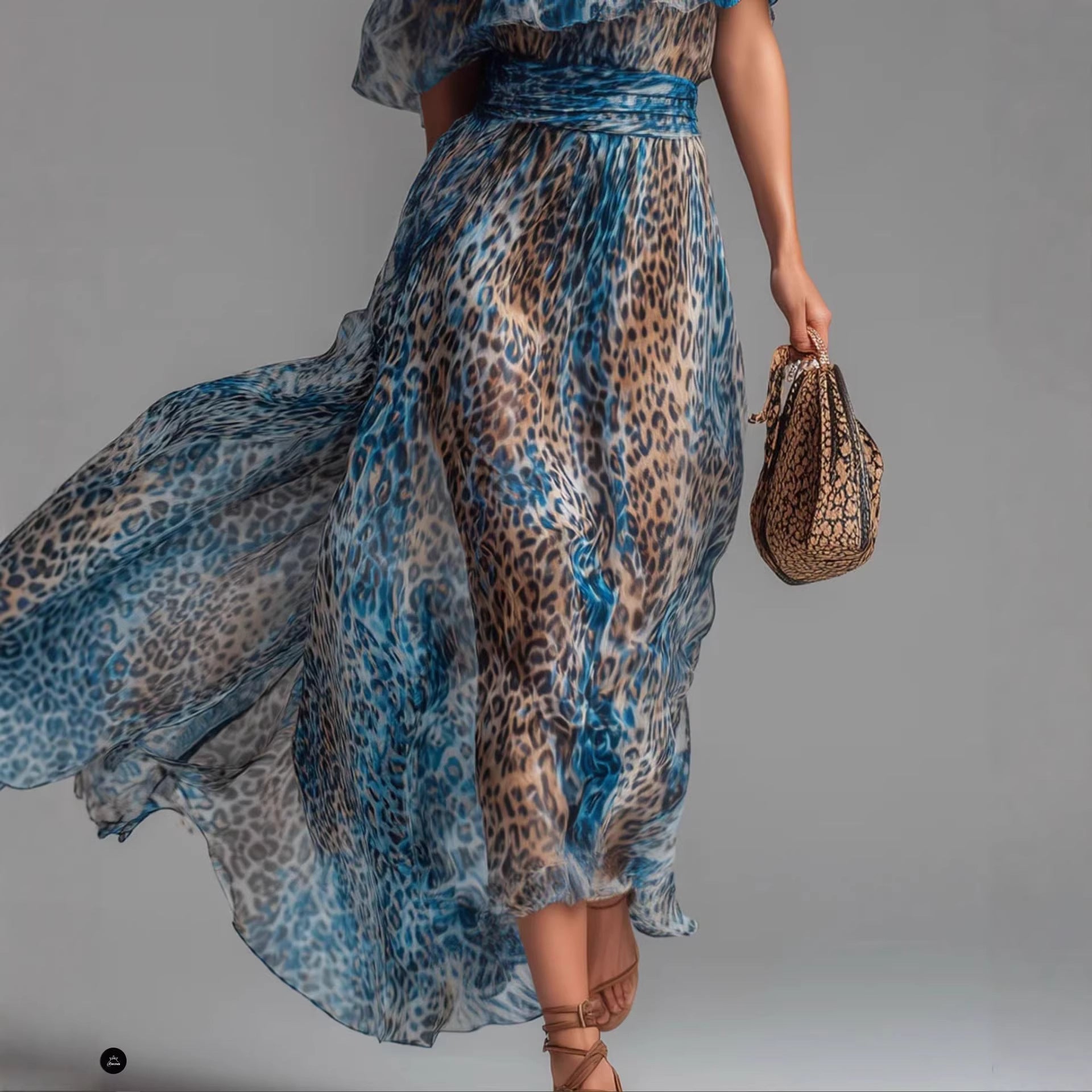 Peacock Blue Leopard Print Chiffon Off-Shoulder Dress – Boho A-Line FitiqueFit