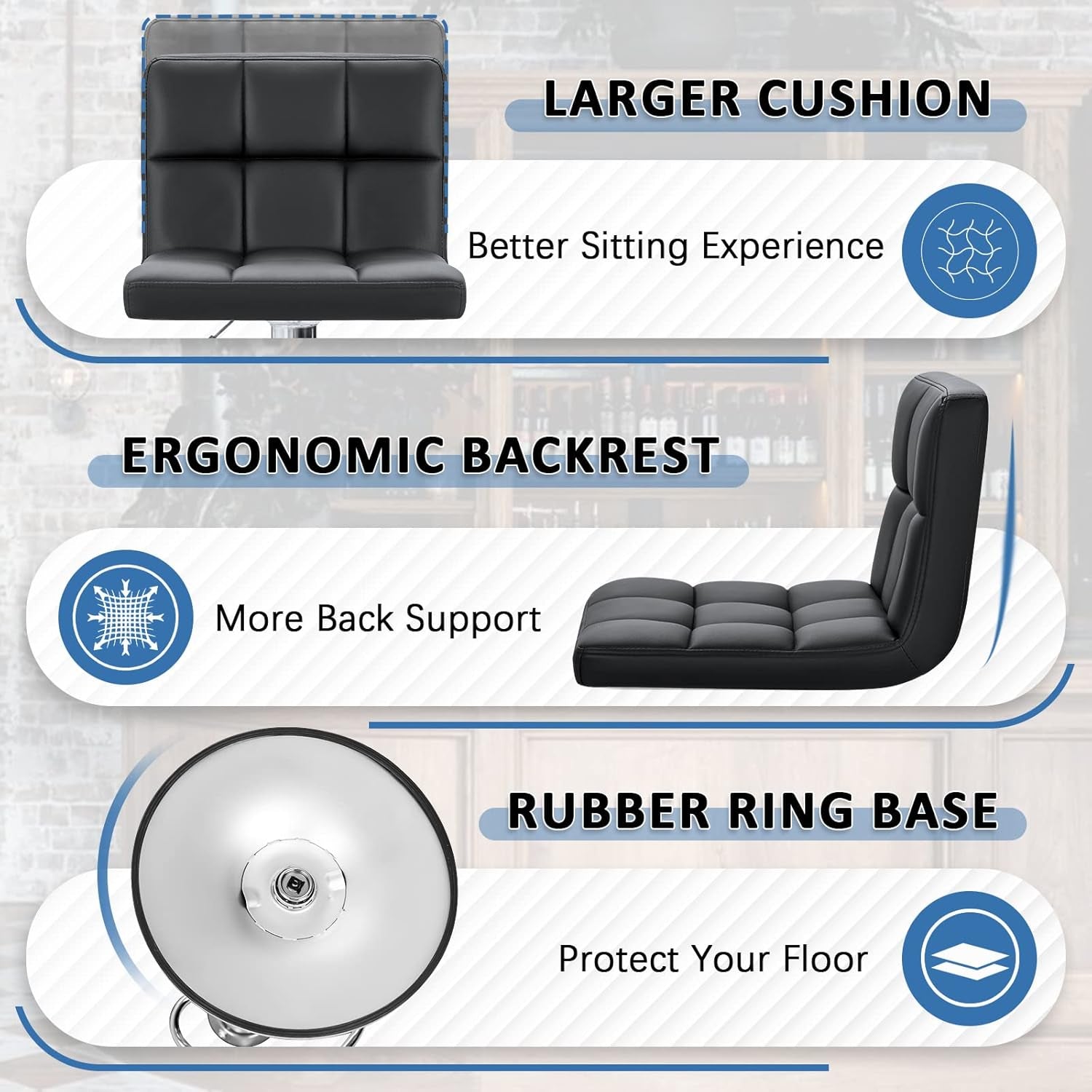 Modern PU Leather Adjustable Swivel Bar Stools, Armless Hydraulic Kitchen Counter Barstools, Extra Height Square Island Barstools with Back, Set of 2 (Black) New Era Fashion LLc