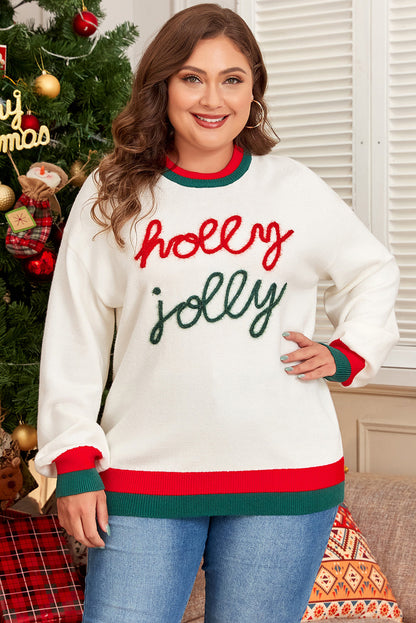 White Tinsel holly jolly Pattern Colorblock Edge Drop Shoulder Plus Size Sweater Garden Naked Curves