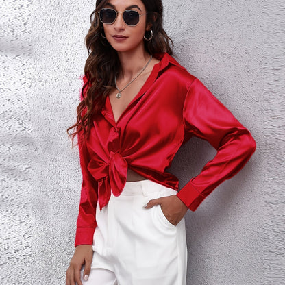 Hot Style In-Kind Shooting Satin Shirt Women'S Satin Imitation Long-Sleeved Shirt New European And American Cross-Border Women'S Clothing NovaCart