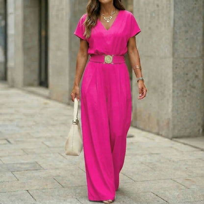 Women's V-Neck Belted Wide-Leg Jumpsuit FitiqueFit