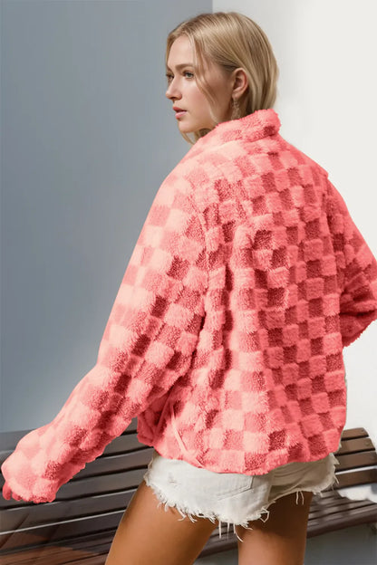 Double Take Checkered Long Sleeve Fuzzy Jacket – Soft and Cozy Comfort See size chart under “more details” The Fashion Celestial