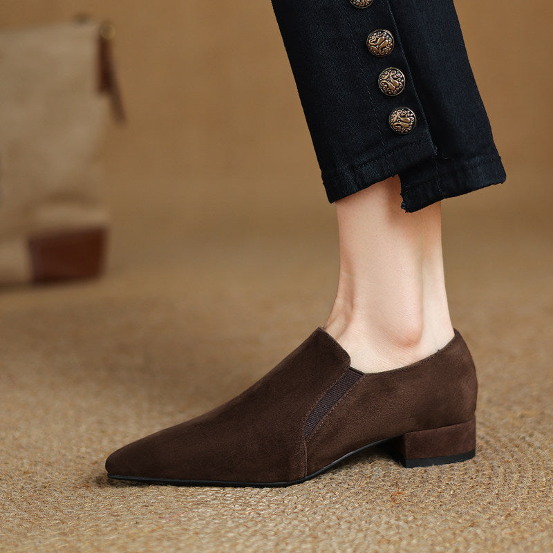 Women's Suede Pointed Toe Chunky Heel Pumps – Deep Vamp Low Heel FitiqueFit