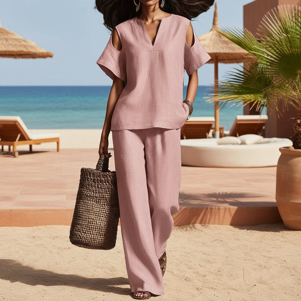 V-Neck Short Sleeve Top & Straight-Leg Pants Set – Ripped Detail, Pockets, Solid Color FitiqueFit