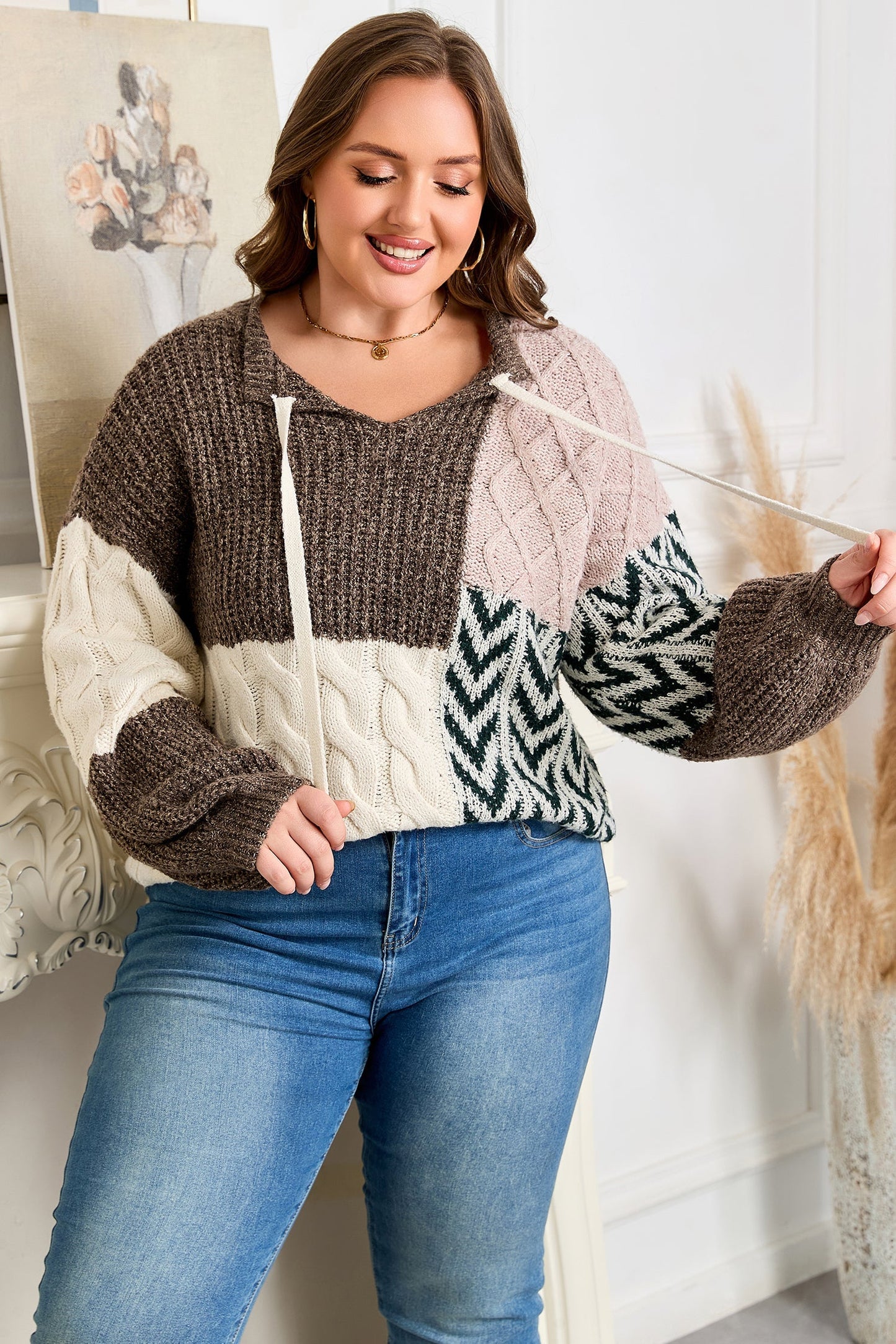 Brown Plus Size Color Block Patchwork Knotted Back Loose Fit Sweater Garden Naked Curves