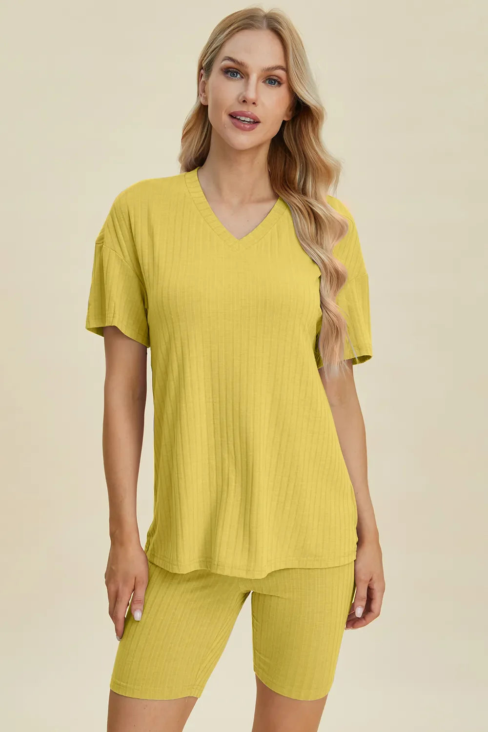 Basic Bae Full Size Ribbed V-Neck Short Sleeve Top and Shorts Set New Era Fashion LLc