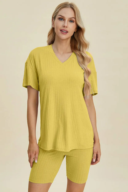 Basic Bae Full Size Ribbed V-Neck Short Sleeve Top and Shorts Set New Era Fashion LLc