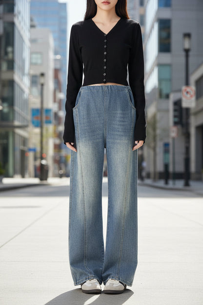 Retro Loose Straight-Leg High-Waist Floor-Length Wide-Leg Maternity Jeans FitiqueFit