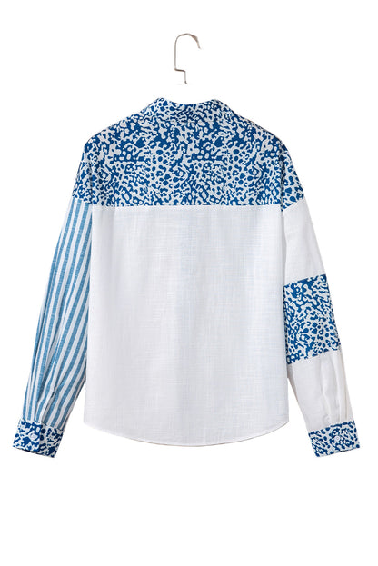 Sky Blue Leopard Striped Patchwork Casual Plus Shirt Garden Naked Curves