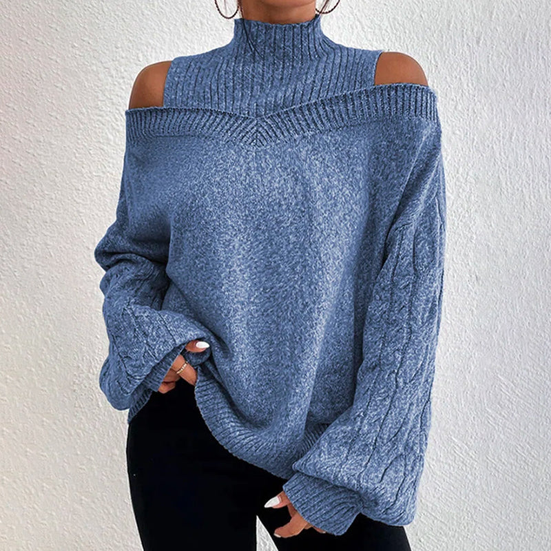 Women's Cold Shoulder Sweater - High Neck Cut Out Pullover Long Sleeve FitiqueFit