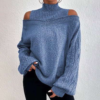 Women's Cold Shoulder Sweater - High Neck Cut Out Pullover Long Sleeve FitiqueFit