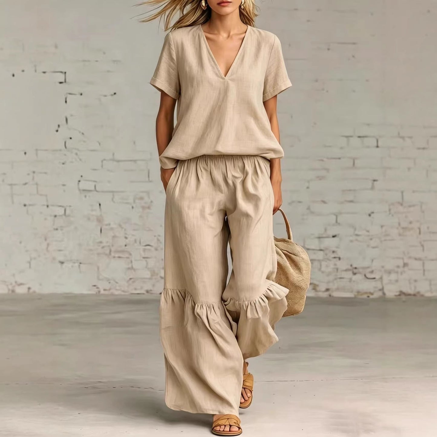 V-Neck Loose Short-Sleeve Top & Pants Set – 7 Colors, S–5XL FitiqueFit