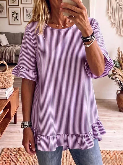Women's Striped Ruffle-Sleeve Loose-Fit Blouse – Three-Quarter Sleeve FitiqueFit