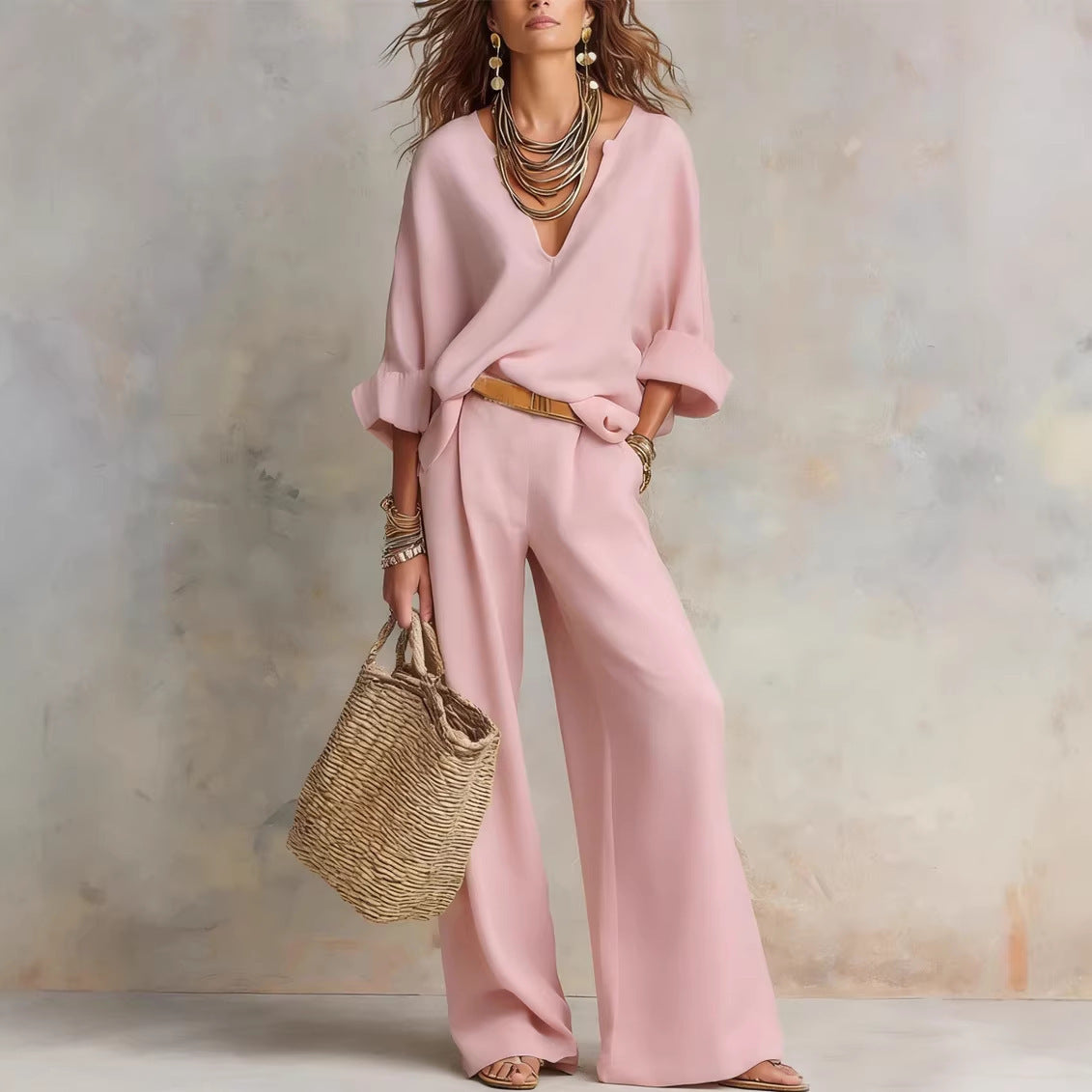 Women's Casual Linen Vacation Set – Three-Quarter Sleeve Top & Full-Length Pants FitiqueFit