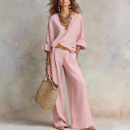 Women's Casual Linen Vacation Set – Three-Quarter Sleeve Top & Full-Length Pants FitiqueFit