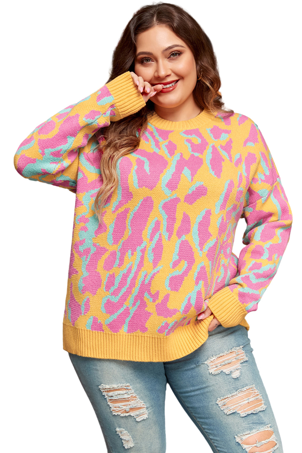 Bright Pink Plus Size Leopard Ribbed Trim Sweater Garden Naked Curves