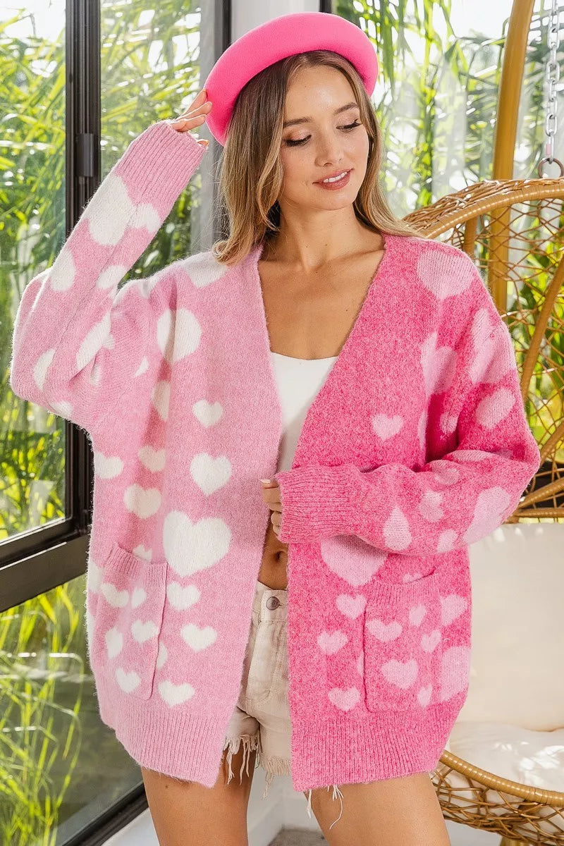 BiBi Heart Color Block V-Beck Knit Cardigan with Pockets FitiqueFit