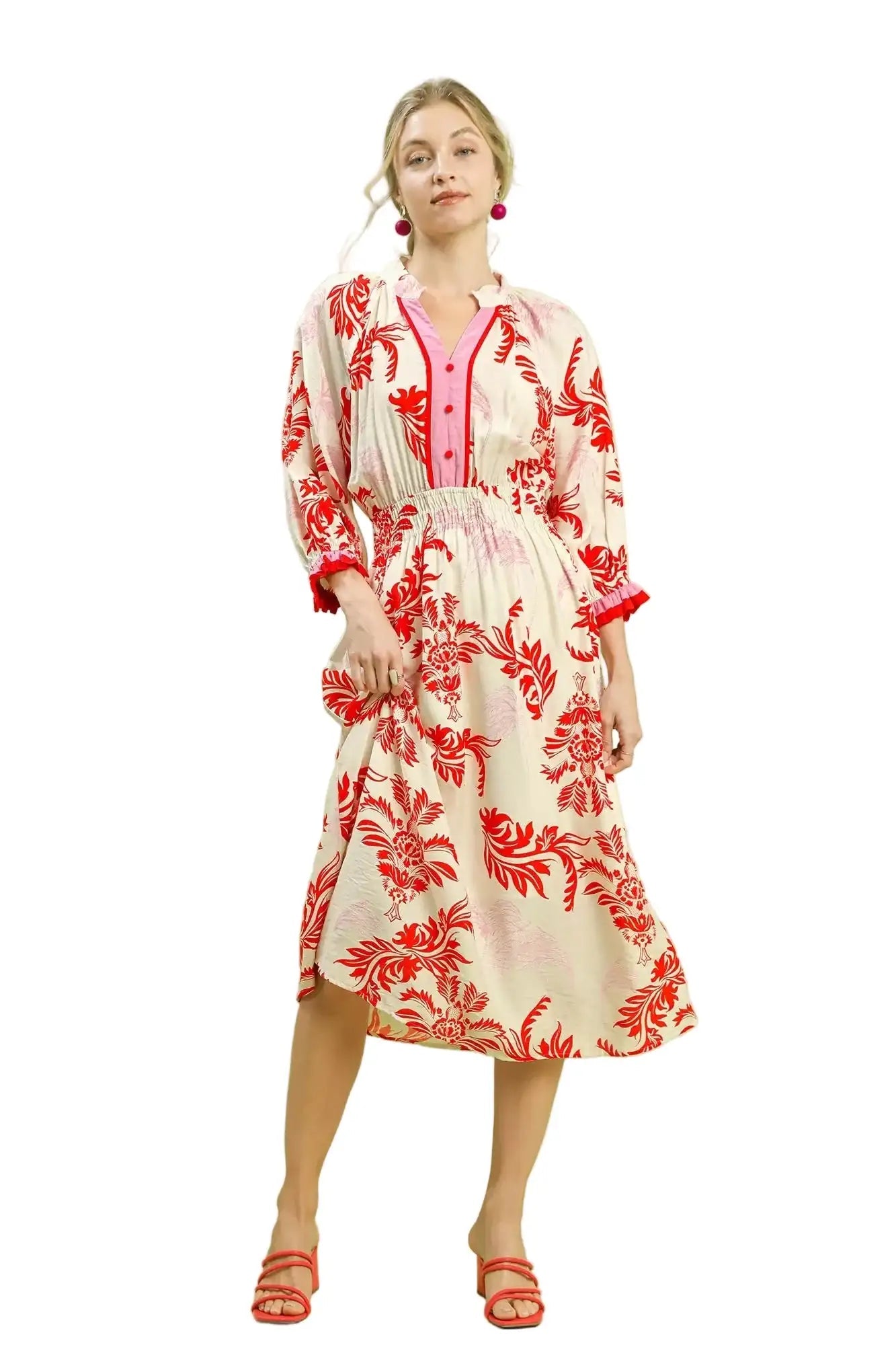 Umgee Tropical Print Button Detail Midi Dress West2East Surf