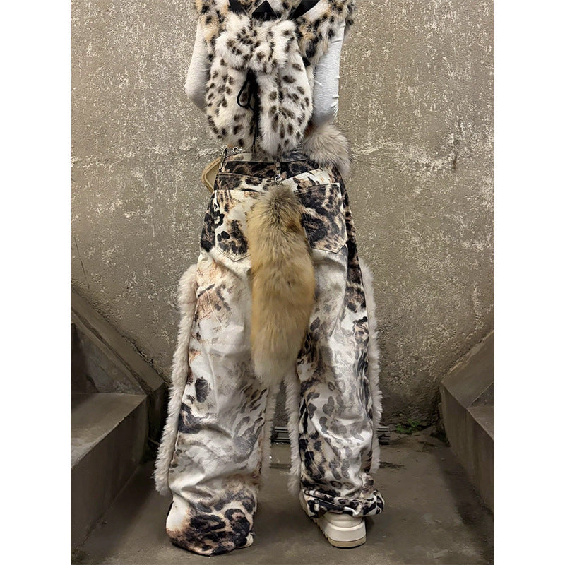 Womens American-Style Retro Leopard-Print Plush-Patchwork Denim Jeans See size chart under “more details” The Fashion Celestial