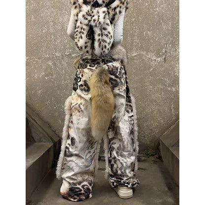 Womens American-Style Retro Leopard-Print Plush-Patchwork Denim Jeans See size chart under “more details” The Fashion Celestial