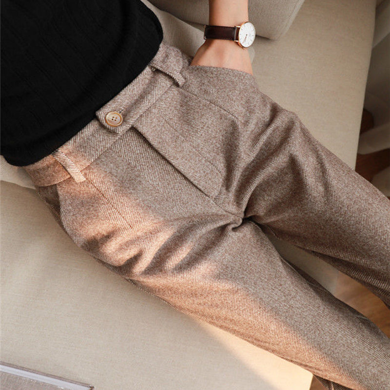 Women's Solid Color Wool-Like Tapered Trousers | Classic Ankle-Length Pants FitiqueFit