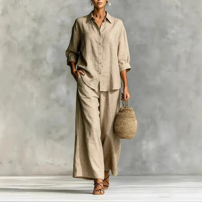 Cotton-Linen Shirt & Wide-Leg Pants Suit – 6 Colors, S–5XL FitiqueFit