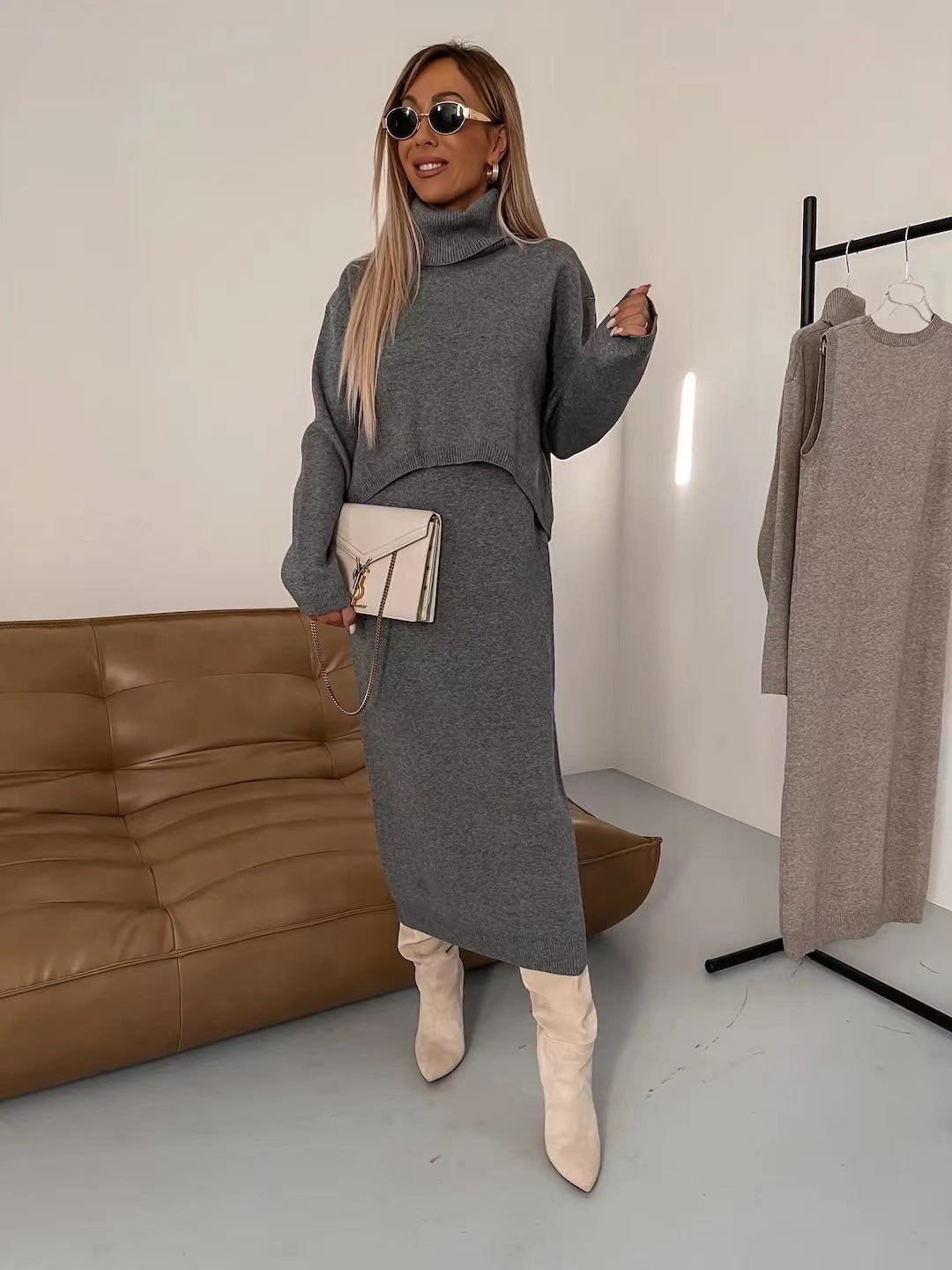 2pcs Sweater Suit Winter Fashion Turtleneck Pullover And Sleeveless Long Dress Womens Clothing Grayceful LLC