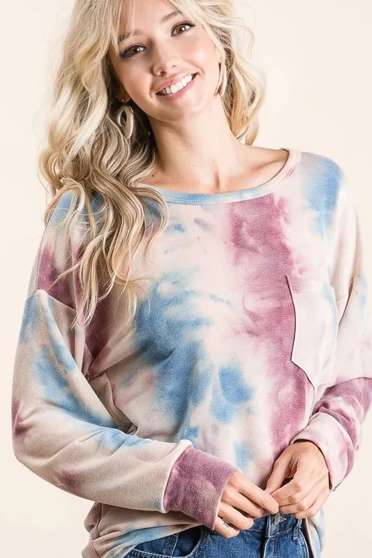 BiBi Tie Dye Print Terry Top With Front Patch Pocket New Era Fashion LLc
