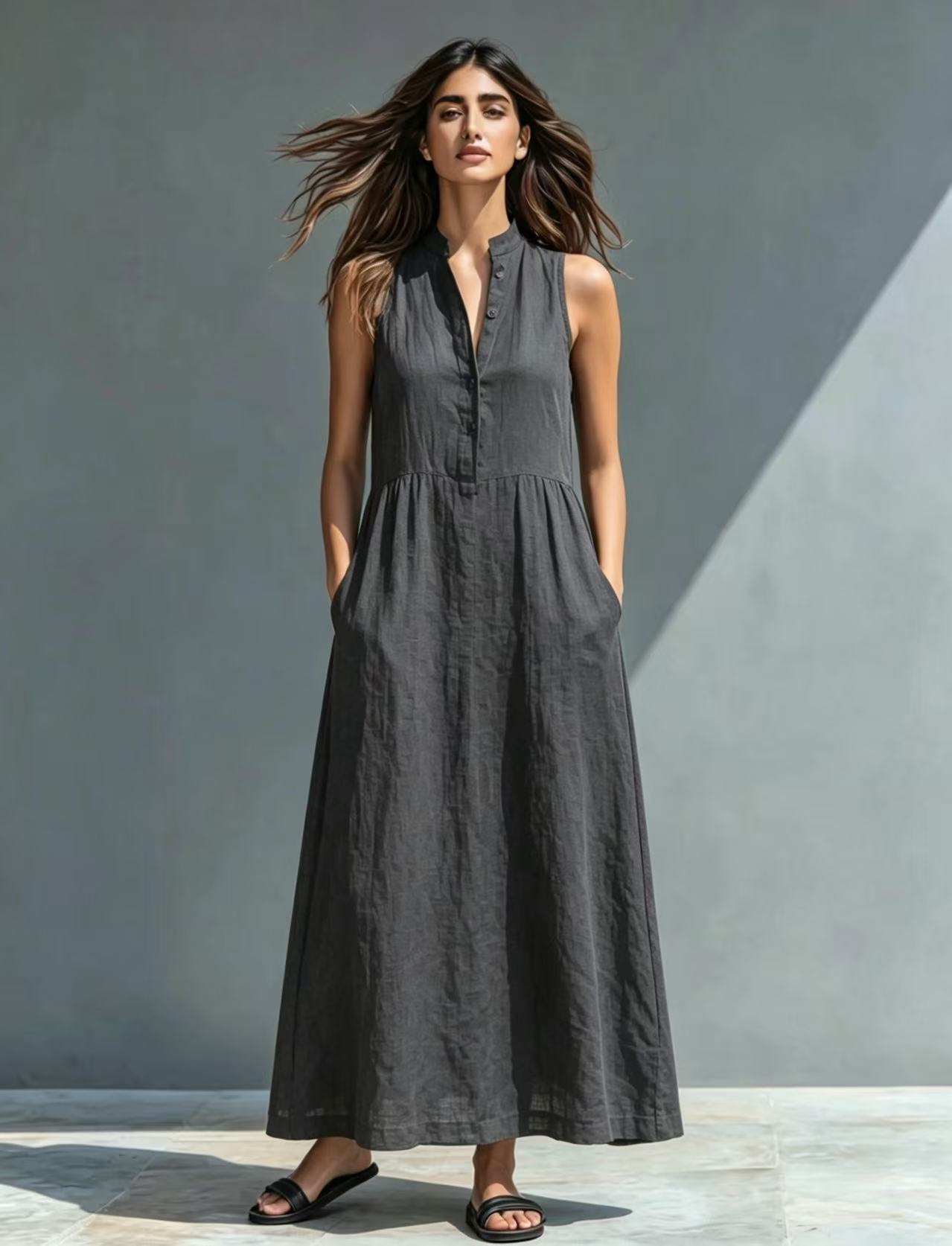 Women's Stand-Collar A-Line Maxi Dress – Resort & Vacation Style FitiqueFit