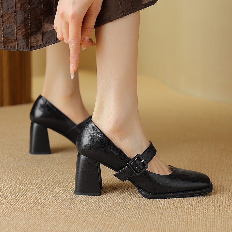 Women's Sheepskin Mary Jane Heels – Square Toe Chunky Heel Buckle Pumps FitiqueFit