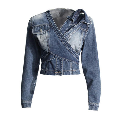 Women’s V-neck Cross Asymmetrical Lace-Up High-End Short Denim Jacket Country in My Heart