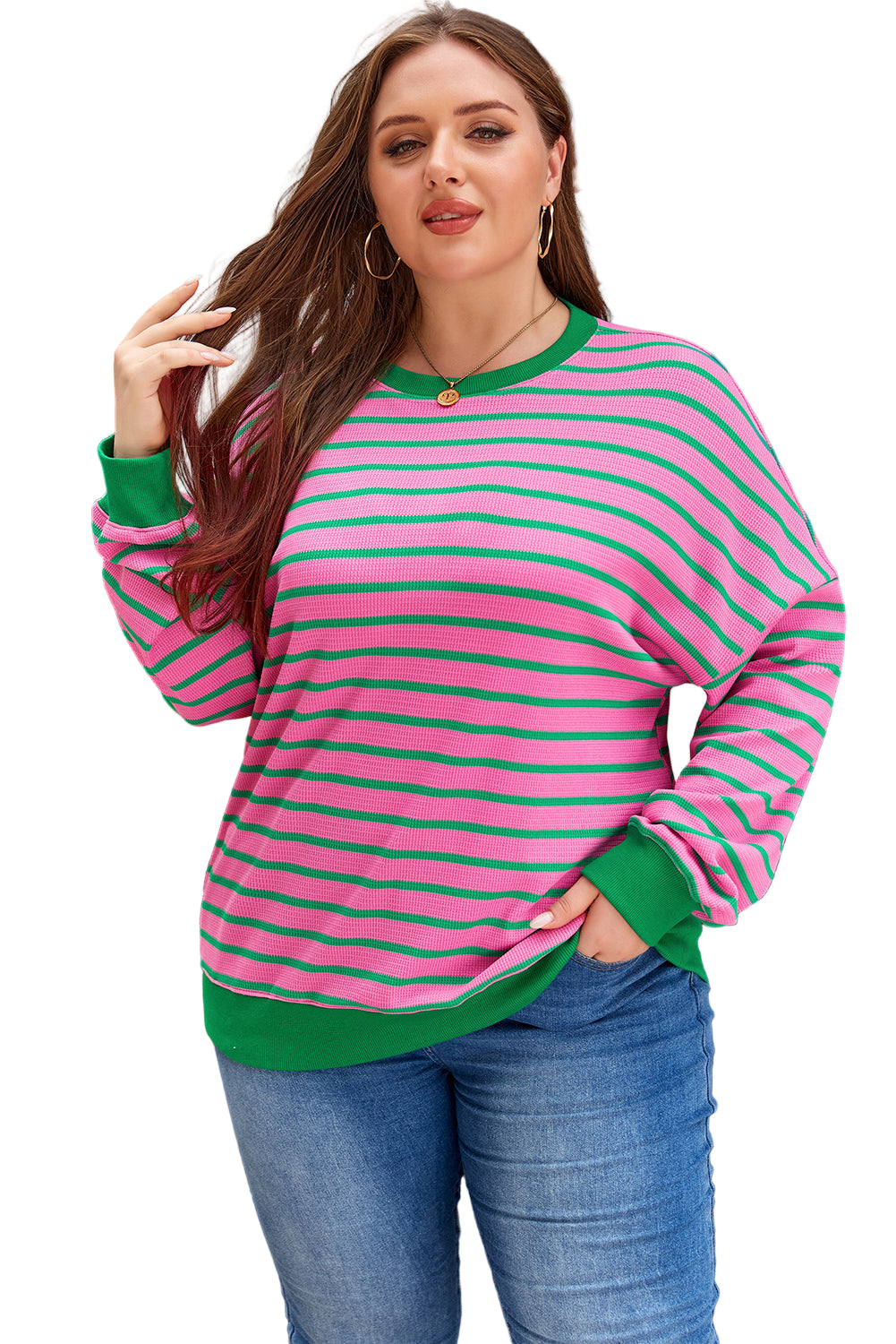 Pink Stripe Waffle Knit Crew Neck Plus Size Sweatshirt Garden Naked Curves