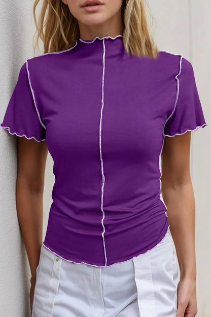 Basic Bae Contrast Trim Mock Neck Short Sleeve T-Shirt New Era Fashion LLc