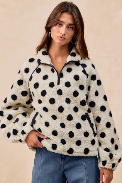 BiBi Polka Dot Sherpa Half Zip Up Top with Side Pocket FitiqueFit