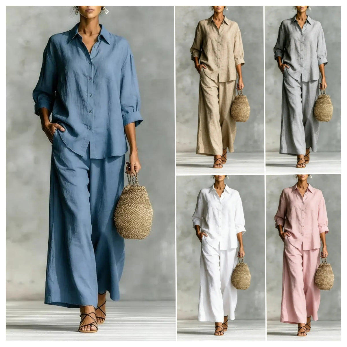 Cotton-Linen Shirt & Wide-Leg Pants Suit – 6 Colors, S–5XL FitiqueFit