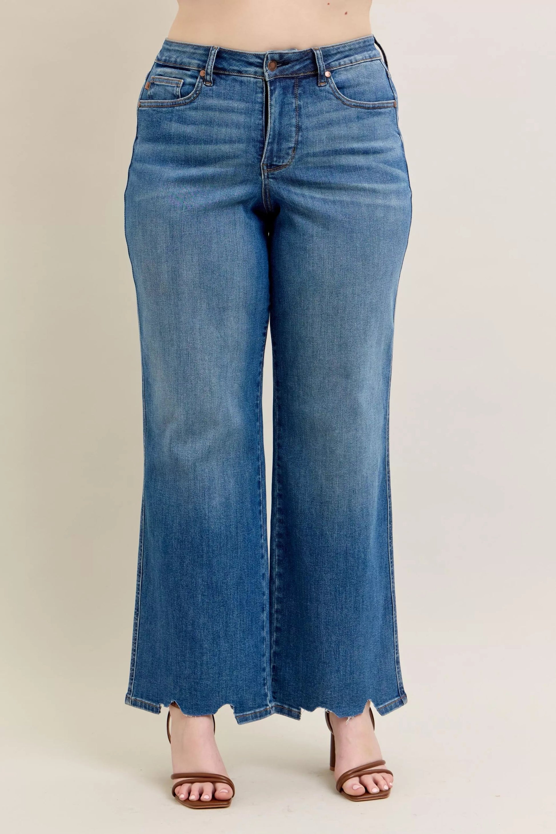 Judy Blue Full Size High Waist Tummy Control Chew Hem Destroy Wide Jeans Plus Size Garden Naked Curves