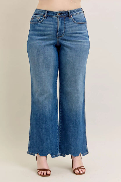 Judy Blue Full Size High Waist Tummy Control Chew Hem Destroy Wide Jeans Plus Size Garden Naked Curves