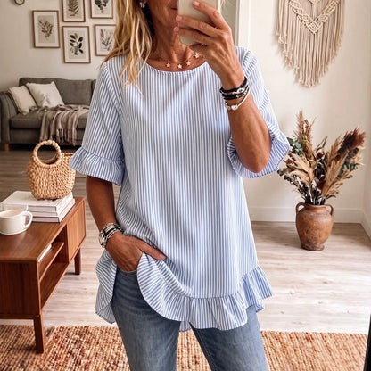 Women's Striped Ruffle-Sleeve Loose-Fit Blouse – Three-Quarter Sleeve FitiqueFit