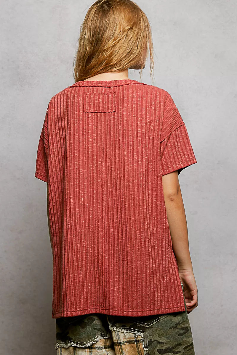 POL Ribbed Knit V-Neck Short Sleeve T-Shirt with Side Slit Montret