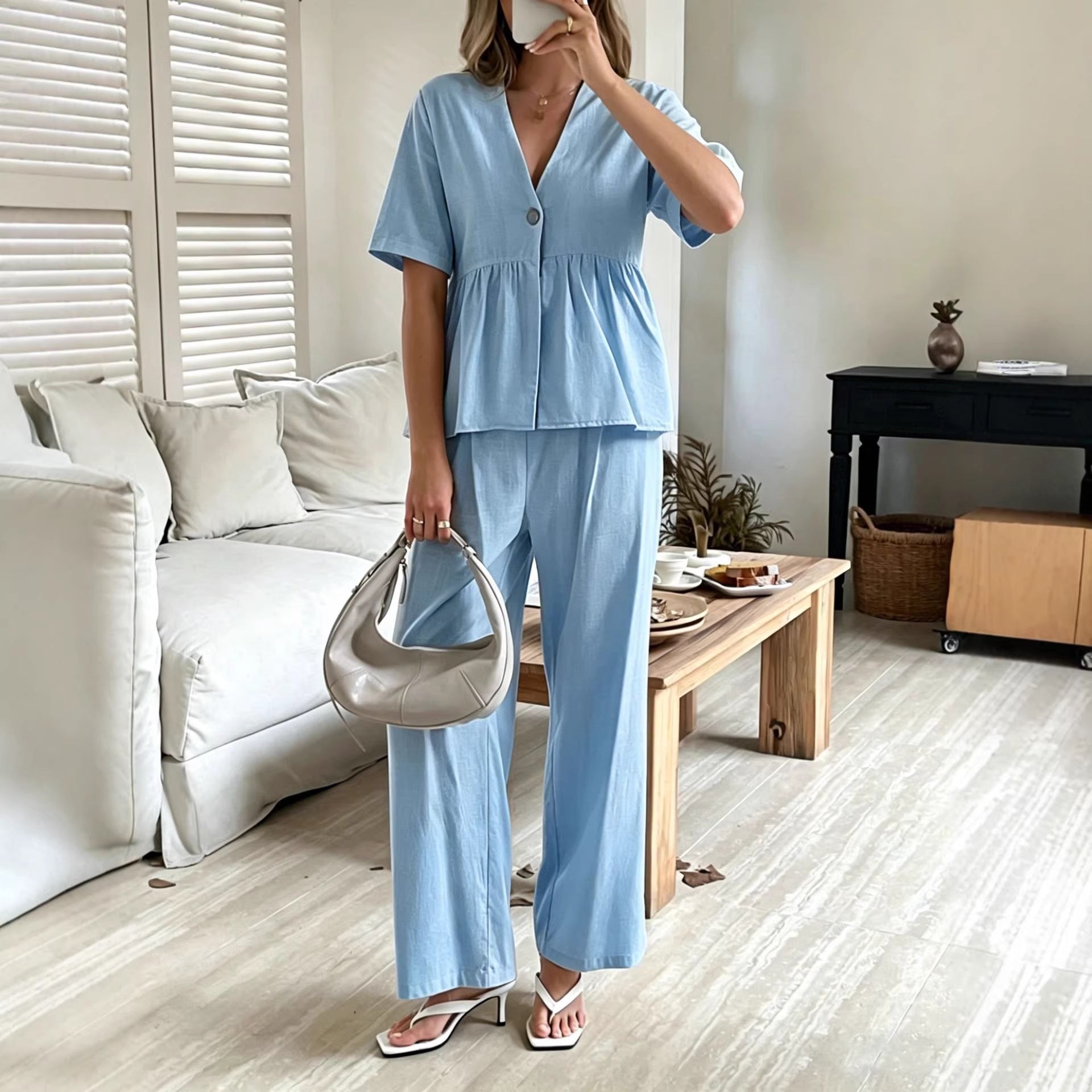 Women's V-Neck Loose Short-Sleeve Top & Wide-Leg Pants Set FitiqueFit