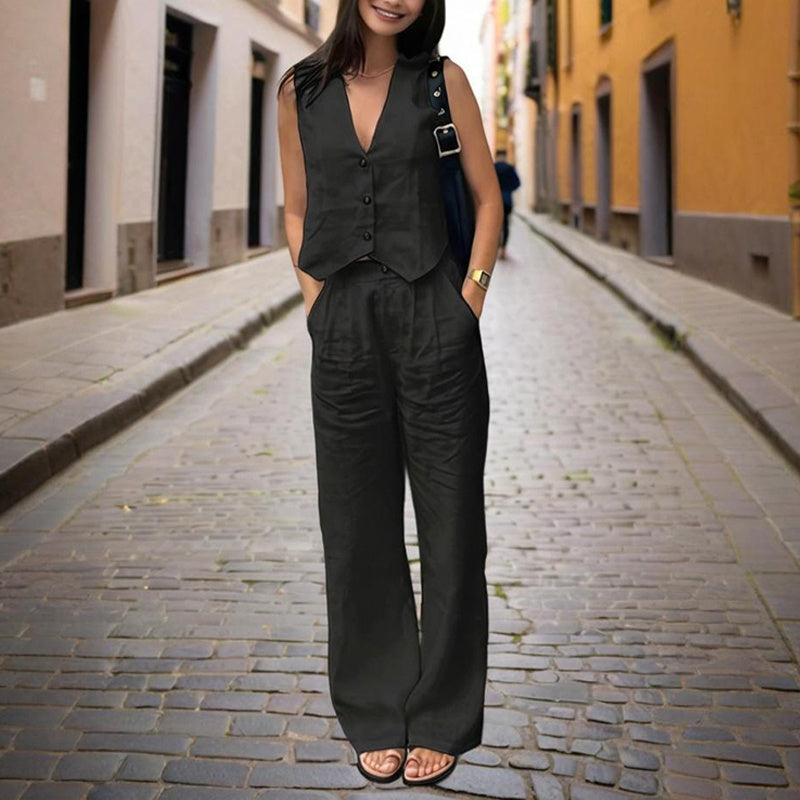 Women’s V‑Neck Button‑Front Vest & High‑Waist Pants Set FitiqueFit