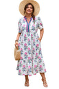 White Allover Print Contrast Split Neckline Short Puff Sleeve Curvy Dress Garden Naked Curves