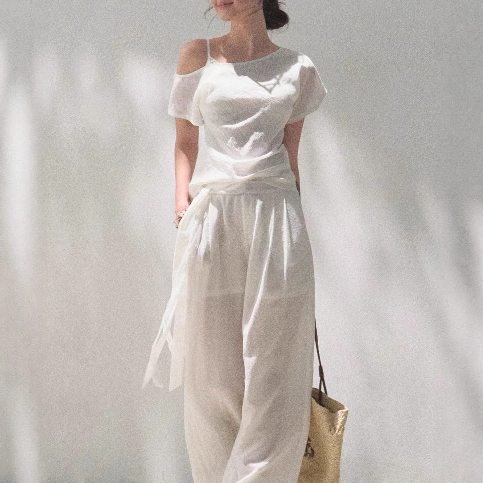 Linen Off-Shoulder Asymmetric Casual Set – 2 Colors, S–L FitiqueFit